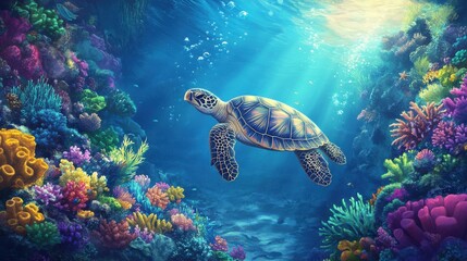 Obraz premium Underwater Scene with Turtle Swimming Among Vibrant Coral Reef