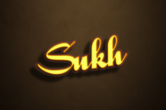 Yellow Neon Light Text Effect of Hindi word Sukh on Golden background.