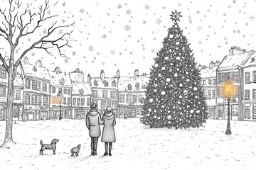 Obraz premium Festive line art of a town square with a decorated Christmas tree, people, falling snow, and a dog, perfect as a coloring page or holiday illustration.