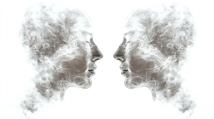 Abstract representation of two faces connected by smoke.