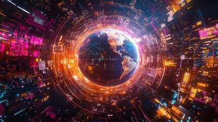Obraz premium A holographic Earth surrounded by digital trading icons, glowing network paths encircling the globe, futuristic, vibrant sci-fi style