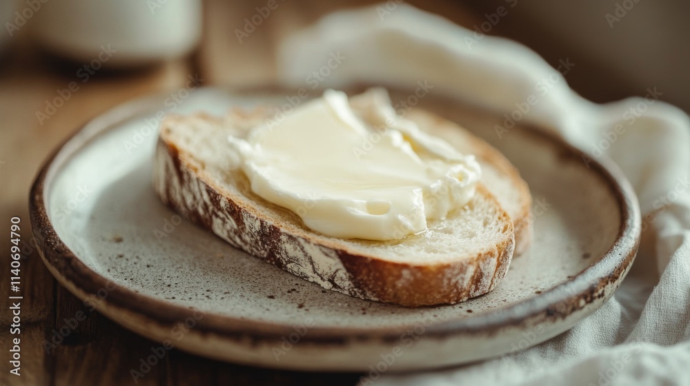 Poster freshly sliced bread topped with creamy butter on rustic plate