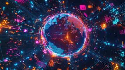 A holographic Earth surrounded by digital trading icons, glowing network paths encircling the globe, futuristic, vibrant sci-fi style