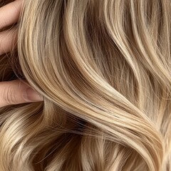 Naklejka premium Close-up of light blonde hair with natural waves, showcasing a healthy and shiny texture.