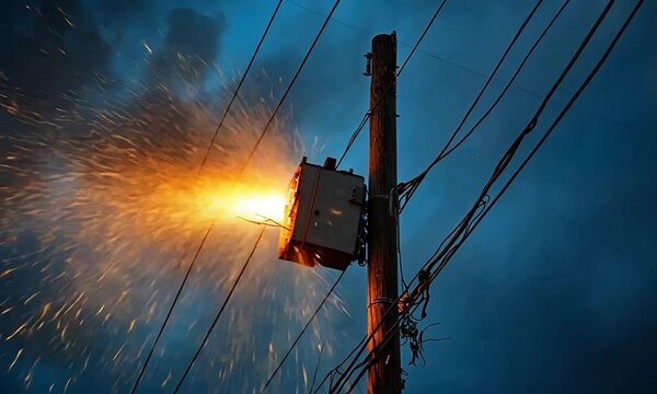 Power pole ignites with sparks and smoke, highlighting electrical hazards