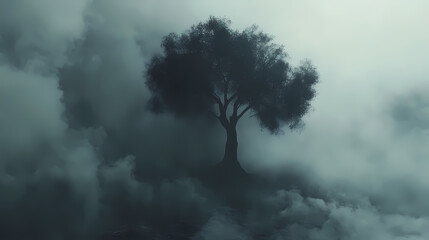 The ashen tree stands amidst a haze of smoke, its darkened backdrop a stark reminder of smoking's environmental impact. Ashen. Illustration