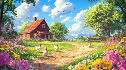 Charming Countryside Scene with Chickens and Colorful Flowers