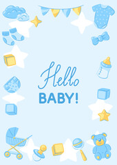 Baby shower frame. New born baby boy Happy Birthday.