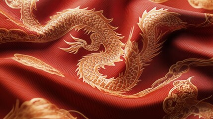 Fototapeta premium Intricate dragon design on red fabric textile art cultural heritage studio setting close-up view traditional craftsmanship