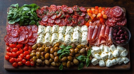 A vibrant charcuterie board featuring meats, cheeses, olives, and fresh vegetables.