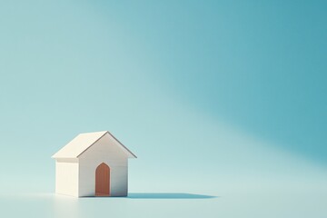 Minimalistic photo of a small wooden house model isolated on a light blue background with big copy space.