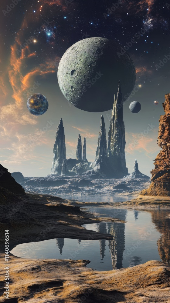 Aufkleber imaginary alien landscape with towering rock formations and multiple planets in the sky at twilight