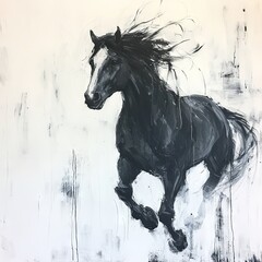Obraz premium A dynamic black and white painting of a running horse with flowing mane.