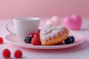 Romantic photo of breakfast with heart shaped pastry, coffee cup and berries on a plate. Creative composition with pastel pink background.