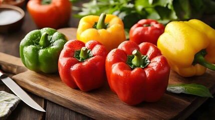 Colorful Bell Peppers on Wooden Cutting Board