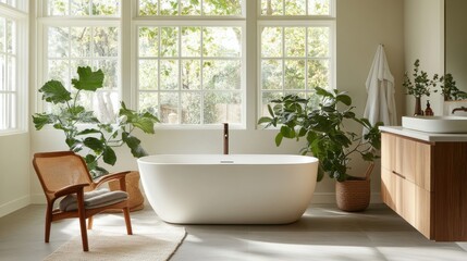 Fototapeta premium A bright bathroom with a modern bathtub, natural light, lush plants, wooden accents, and peaceful minimalist decor.