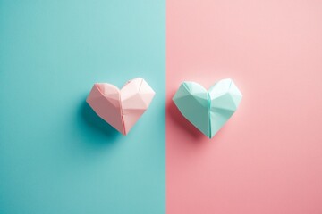 Two origami hearts placed on a pastel blue and pink background. Creative Valentine's Day theme with copy space.