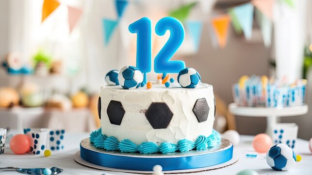 A soccer-themed cake with edible ball decorations and a glowing blue number 12 candle on top, surrounded by party items.