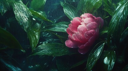 Vibrant Pink Flower in Lush Green Leaves with Raindrops