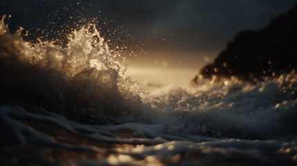 Naklejka premium Waves crashing dramatically at sunset, creating a misty effect.