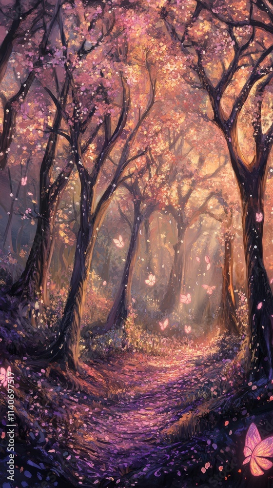 Poster ethereal forest filled with blooming trees and fluttering butterflies at twilight