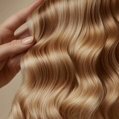 Close-up of a woman's hand gently holding beautiful wavy blonde hair.