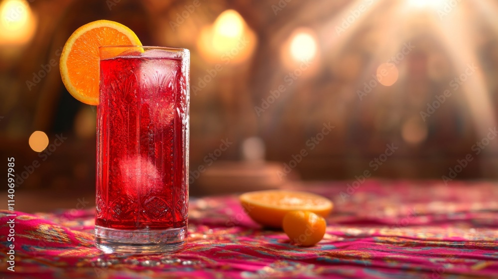 Poster refreshing red beverage with orange slice on colorful tablecloth