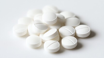 Close-up of white medicine tablets scattered on a surface.