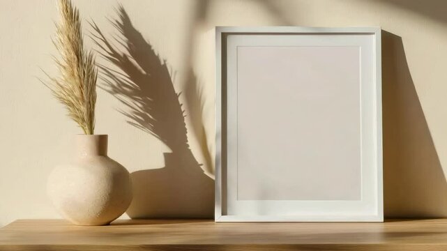 Blank empty cardstock sheet Invitation without text, invitation mockup. Dry pampas, flowers, white desk. Flat lay, top view. Soft paper card floral mock up. Modern Minimal business brand template. A4