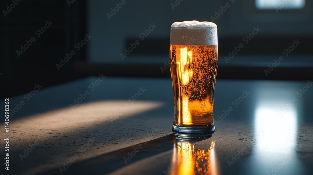 Poster Freshly Poured Beer in a Glass with Foam on a Table Surface