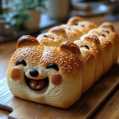 A cheerful, cartoon-style loaf of bread with bear features, smiley face, and sesame seeds.