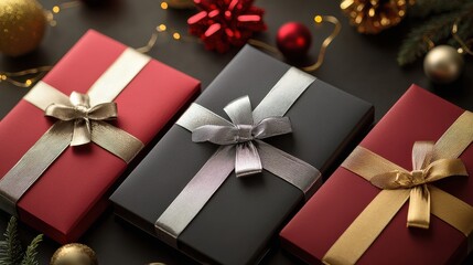 Colorful Christmas Presents with Ribbons and Decorative Ornaments