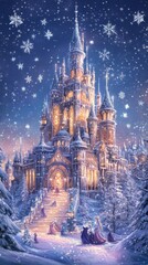 Obraz premium Enchanted ice castle glowing with light surrounded by snowy landscape and sparkling snowflakes at twilight