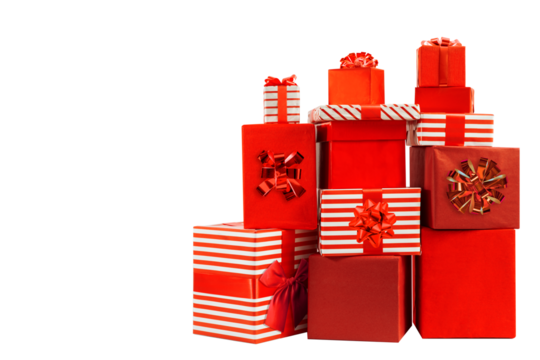 Christmas, New Year gift boxes for holidays promotions. Red and striped wrappers, lush bows on isolated background.