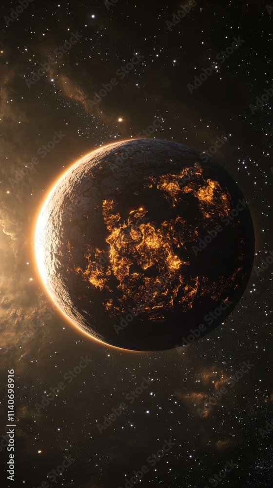 Poster Artistic visualization of a fiery exoplanet surrounded by distant stars and cosmic elements in deep space