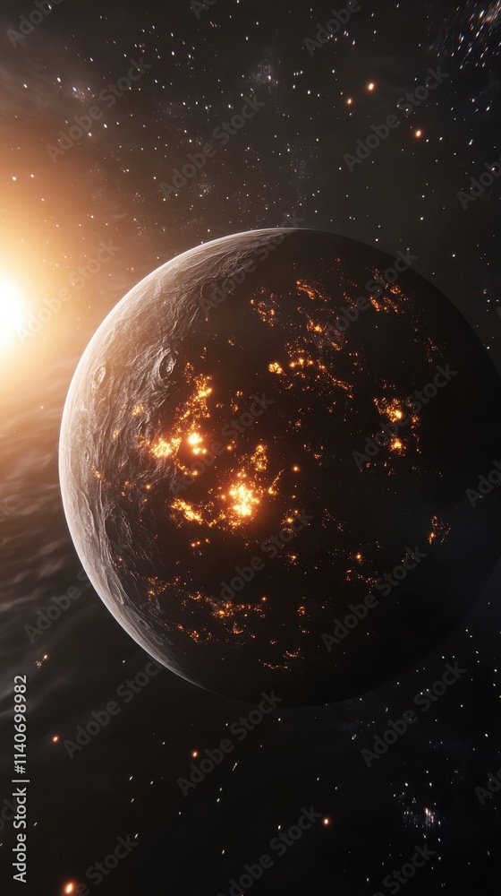 Poster artistic visualization of a volcanic exoplanet orbiting a distant sun-like star in a vibrant cosmic 