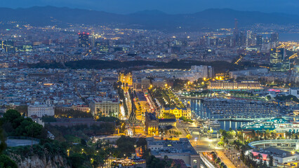 Aerial view over square Portal de la pau day to night timelapse in Barcelona, Catalonia, Spain.