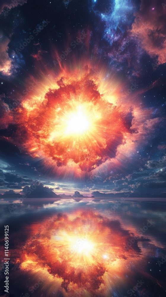 Poster vivid artistic representation of a supernova explosion reflecting on the tranquil waters of the univ