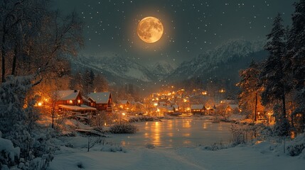 A snow-covered village glowing with warm, golden lights beneath a full moon.