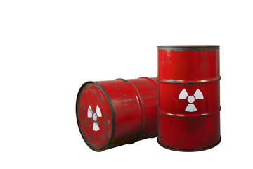 Red barrel with radioactive waste. Nuclear warning sign. Rusty dangerous barrel with radionuclide,...