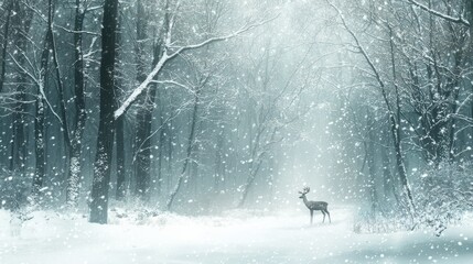 Reindeer standing in a snowy forest gentle snowfall and soft light streaming through trees