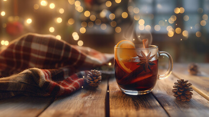 Steaming glass mug of mulled wine with cinnamon and orange slice