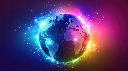Fototapeta premium A vibrant illustration of a connected globe symbolizing international trade, glowing circuits and dots, futuristic, vibrant colors, tech-inspired