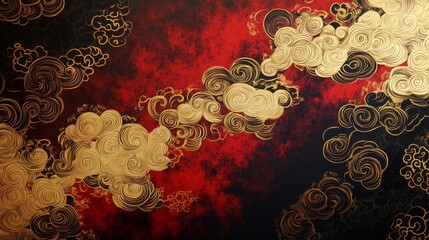 Dynamic swirls of gold on fiery red background abstract art visual design digital canvas close-up perspective modern aesthetics