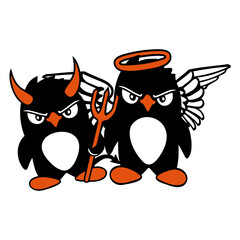 2 Penguins Angel Devil Evil Good Heaven Hell Cool Design Lover Art Vector Illustration Card T-Shirt Poster Sticker Graphic Print Decorative Drawing Isolated Logo Decoration Symbol Creative Cool Style
