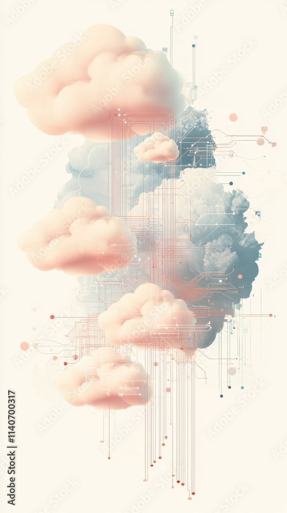 Aufkleber Abstract visualization demonstrates the concept of cloud computing with soft clouds and interconnected lines suggesting data flow