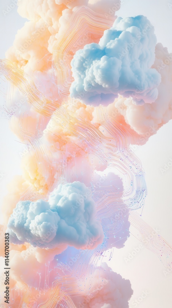 Poster visualization of cloud computing integrates soft pastel clouds with intricate digital patterns