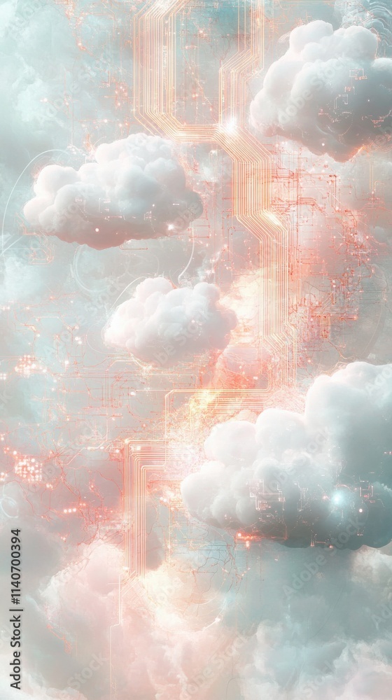 Poster Abstract visualization of cloud computing showcasing interconnected elements and ethereal clouds