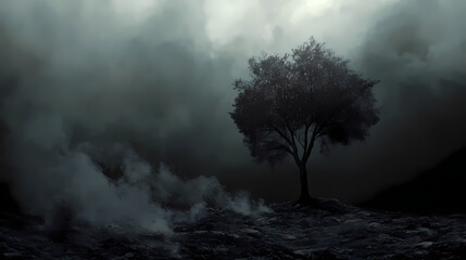 An ashen tree stands in a smoke-filled landscape against a dark background, highlighting the environmental damage caused by smoking. Ashen. Illustration