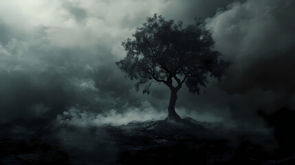 An ashen tree stands in a smoke-filled landscape against a dark background, highlighting the environmental damage caused by smoking. Ashen. Illustration